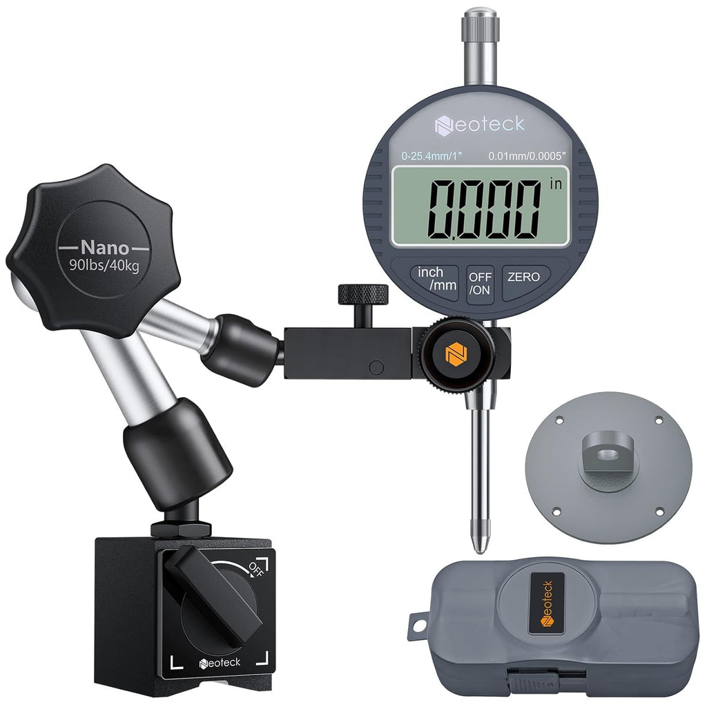 Neoteck 1"/25.4mm (0.0005"/0.01mm) Digital Indicator Set Dial Indicator and Magnetic Base Set with Storage Case, Ideal for 3D Printer Lathe Workshop CNC Machine Table Saw-90lbs(40kg) Max Pull