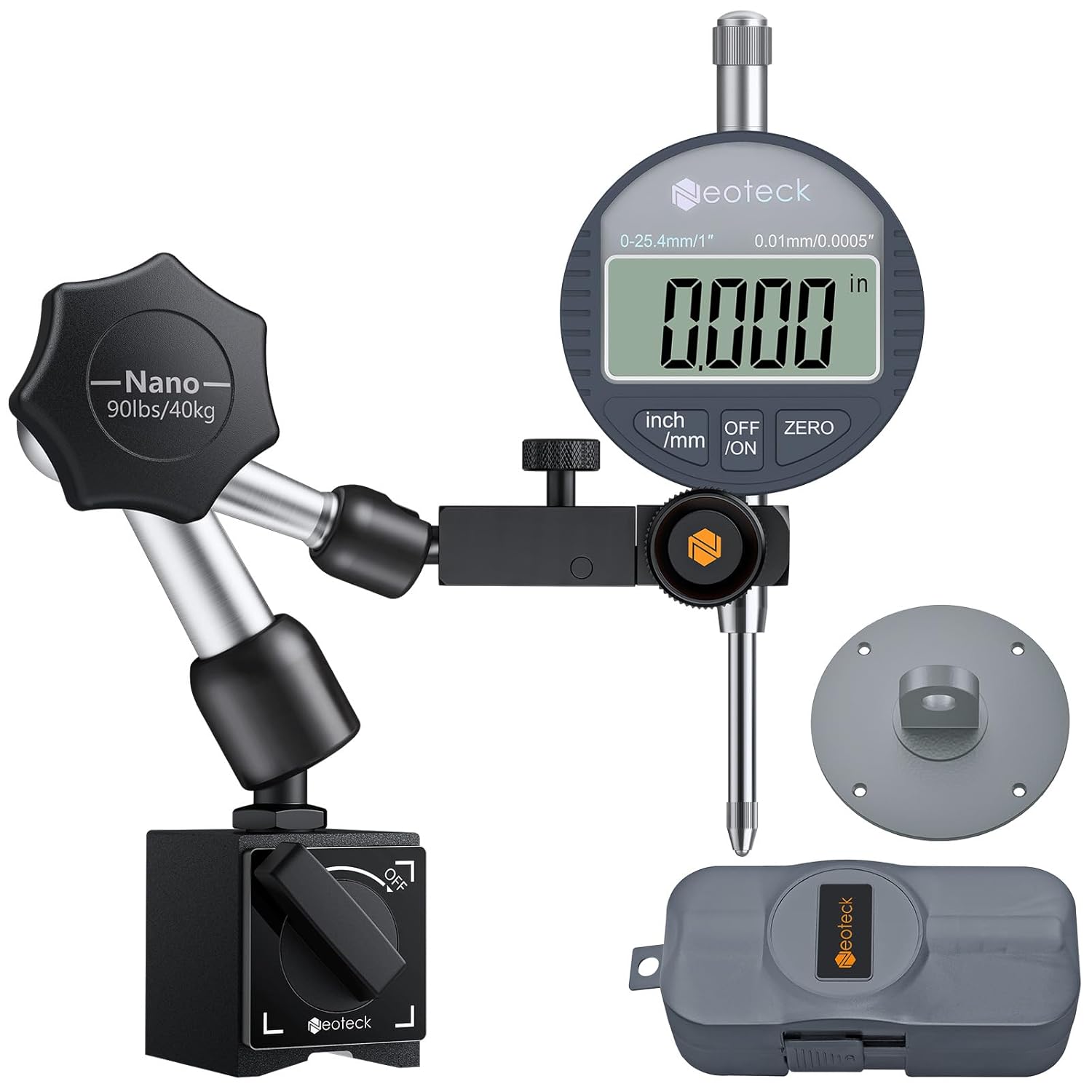 Neoteck 1"/25.4mm (0.0005"/0.01mm) Digital Indicator Set Dial Indicator and Magnetic Base Set with Storage Case, Ideal for 3D Printer Lathe Workshop CNC Machine Table Saw-90lbs(40kg) Max Pull