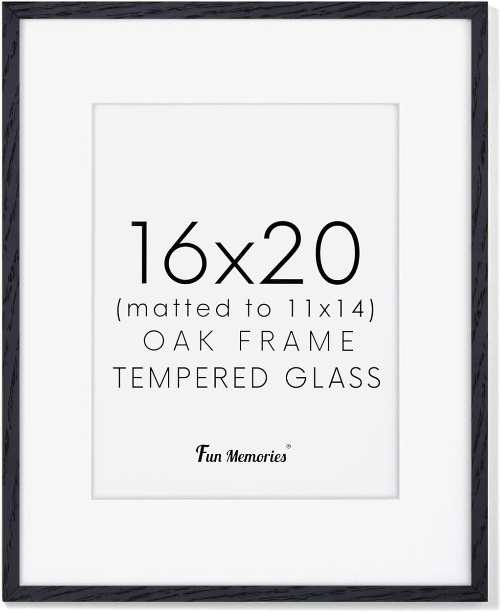 Fun Memories 16x20 Picture Frame - Black Oak Wood Poster Frame with Mat for 11x14, Tempered Glass, Easy to Hang
