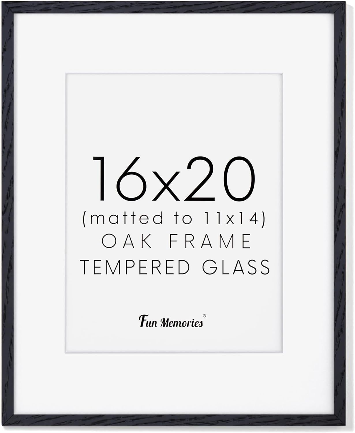 Fun Memories 16x20 Picture Frame - Black Oak Wood Poster Frame with Mat for 11x14, Tempered Glass, Easy to Hang