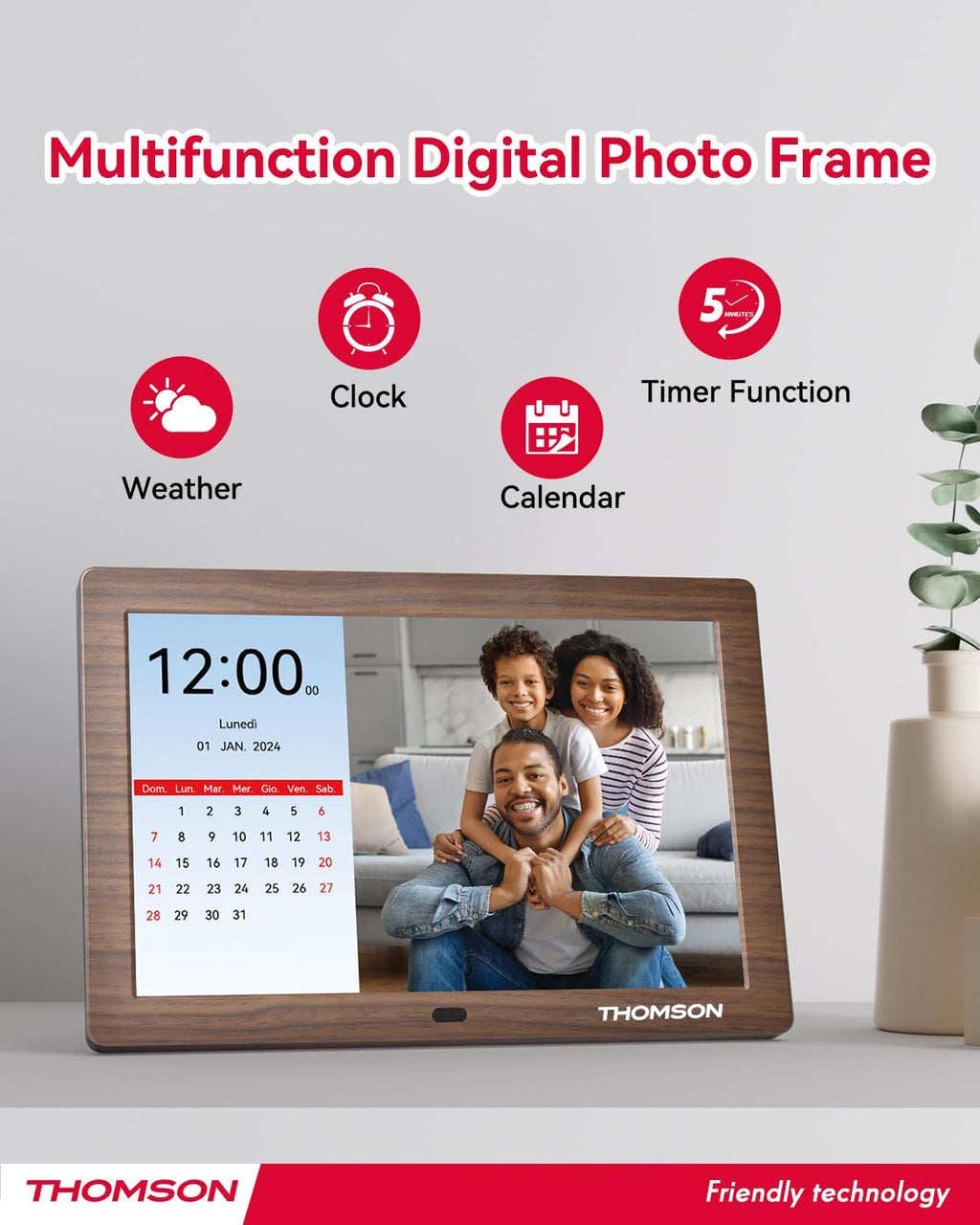 THOMSON 8" Digital Picture Frame, 1280 * 800 IPS Full View Ultra Clear Screen with Remote Control, Wooden Frame, Share Videos Photos Send Wishes Auto-Rotate Slideshow Non-WiFi (8 Inch Non-WiFi)