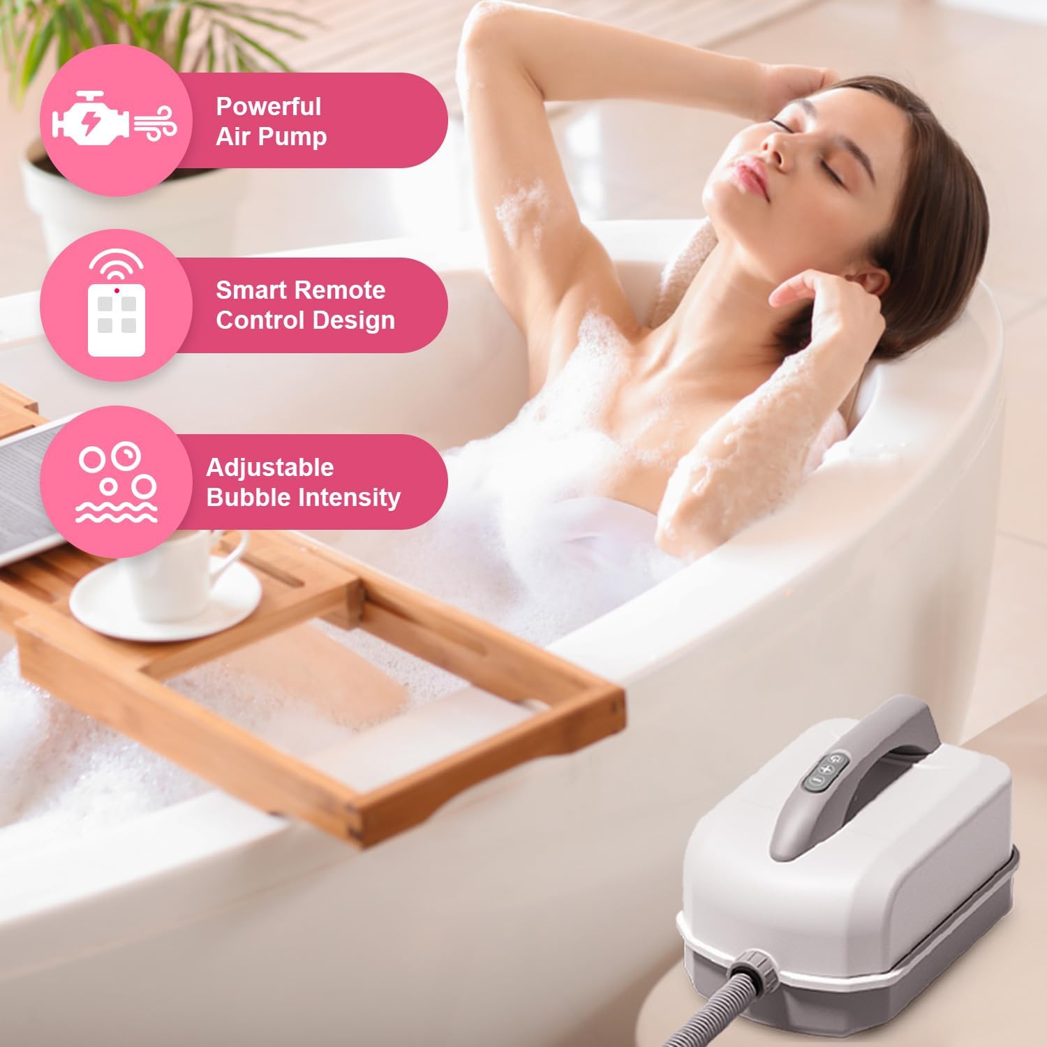 Portable Spa Bubble Bath Massager,Full Body Waterproof Spa Mat for Bathtub, 6-Speed Bubbles, Remote Control & Non-Slip Suction Cups for Home Relaxation Pink