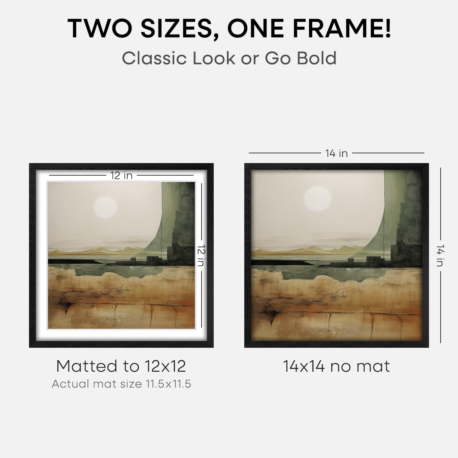 Homeforia 14x14 Black Wood Frame, High End Oak 14 x 14 Square Picture Frames with Mat 12 by 12 inches Photo, 14by14 Black Wooden Poster Frames Matted to 12x12 Print, Tempered Glass, Wall Kit, Set of 1