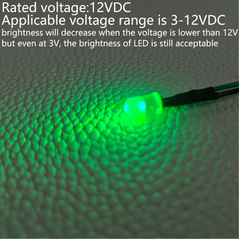50pcs 3V-4.5V-5V-6V-7.5V-9V-12VDC 5mm Green LED Lights Emitting Diodes, 12VDC Prewired 7.9 Inch V LED Light Diffused Colored Lens Small LED