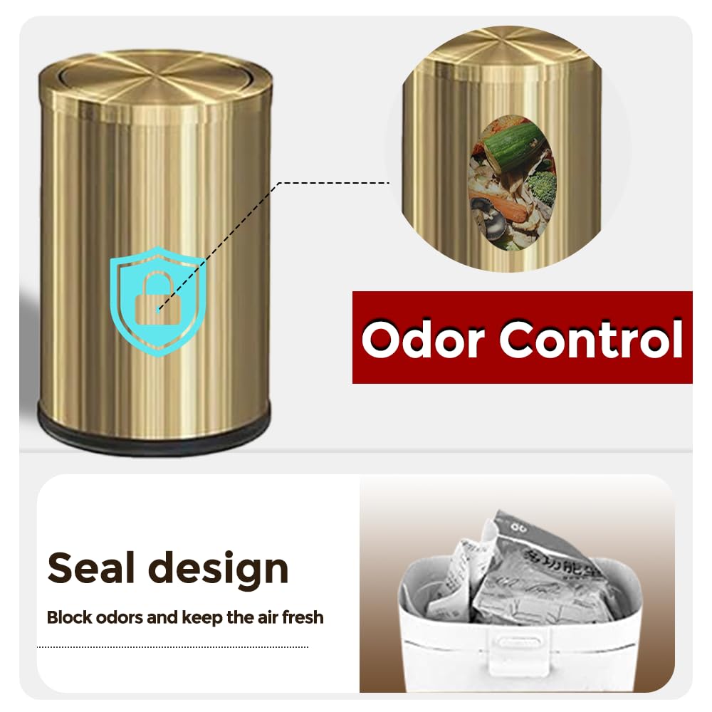 Small Trash Can with Flipping Lid,Gold Bathroom Garbage can with lid，2.4gallon,Brass Trash can for Bathroom,Laundry，Hotel，Office， Laundry Room ，Metallic Gold (Single)