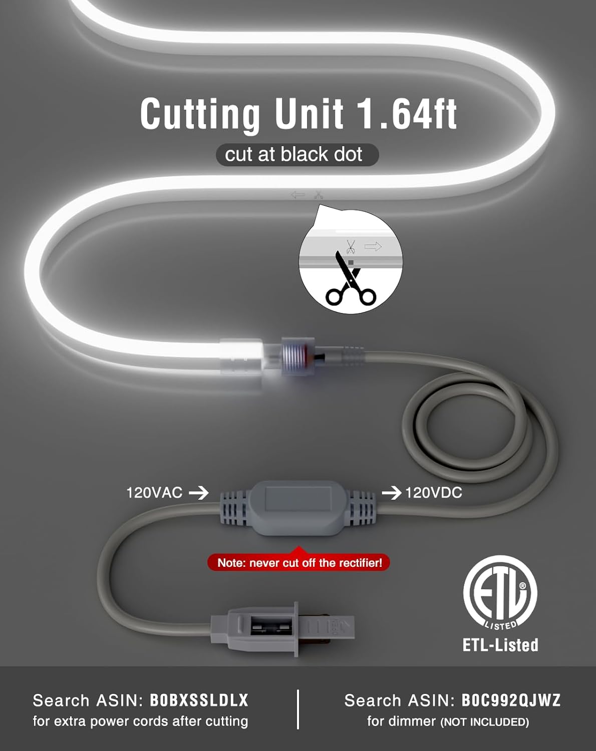 Shine Decor LED Neon Rope Lights AC 120V, Expandable & Cuttable 120LEDs/M Bright Strip Lighting, ETL Cold-Resistant & IP65 Waterproof for Indoor Outdoor, 8x16mm, 6300K Cool White, 131.2ft