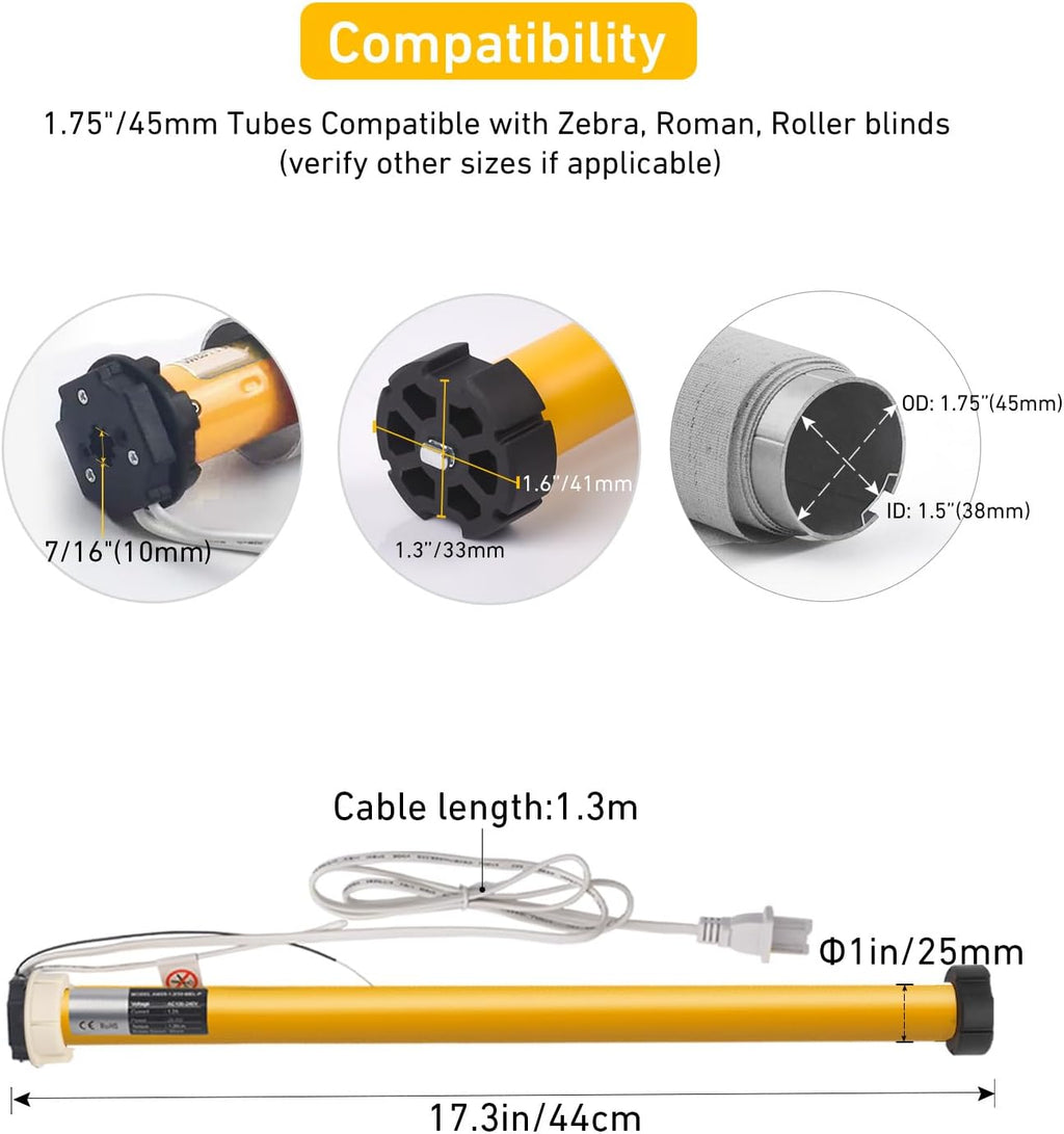 Smart Tuya WiFi Blinds Motor for Roller Shades, Alexa & Google Home Compatible, App & Timer Control, AC100-240V for 1.75"/45mm Tubes, Nlo Hub Required
