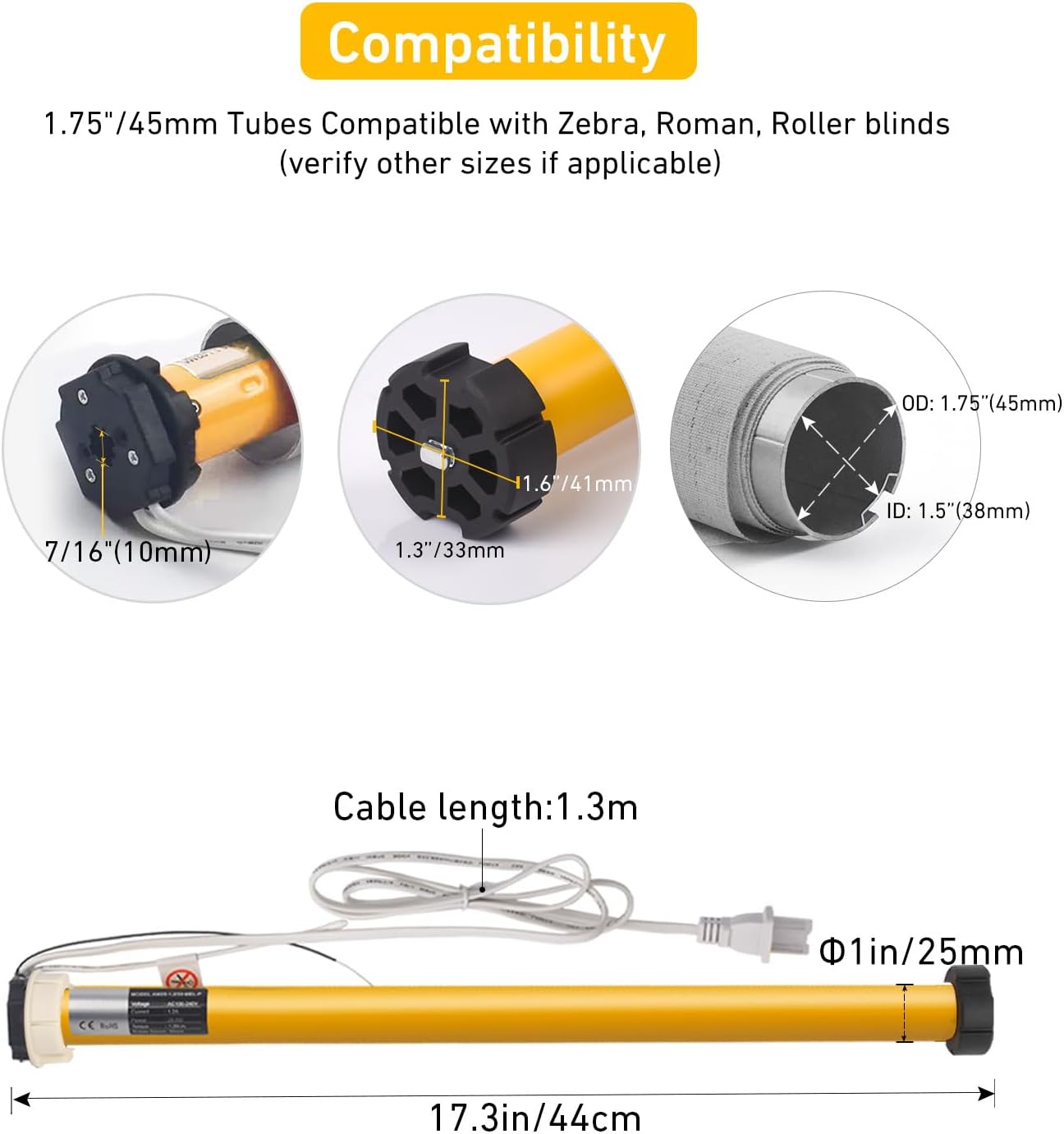Smart Tuya WiFi Blinds Motor for Roller Shades, Alexa & Google Home Compatible, App & Timer Control, AC100-240V for 1.75"/45mm Tubes, Nlo Hub Required