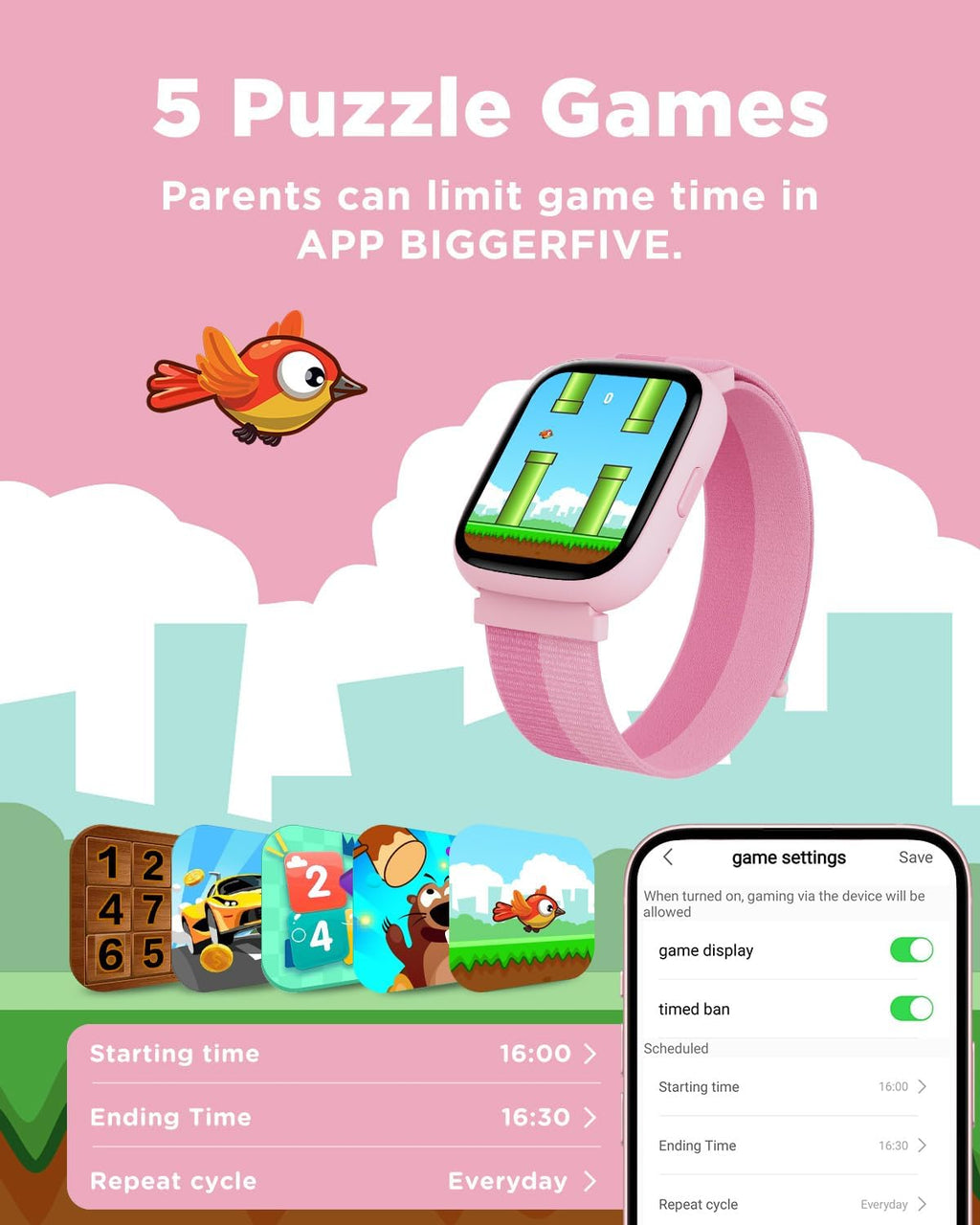 BIGGERFIVE Smart Watch for Kids, 1.8" Fitness Tracker Watch Pedometer, Heart Rate, IP68 Waterproof, Sleep Monitor, Calorie Step Counter, 5 Puzzle Games with/Without APP for Girls Teens 5-16, Nylon