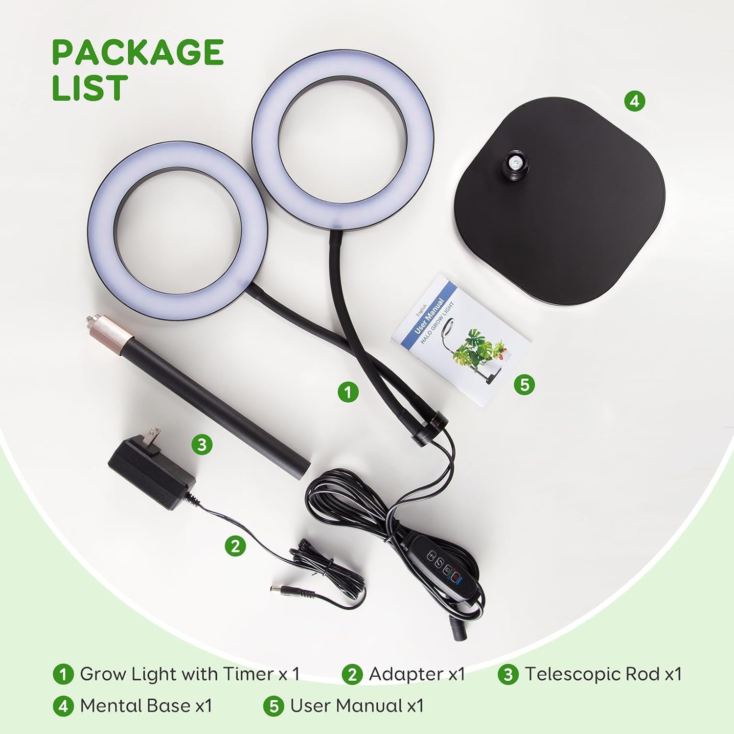 Dual Heads Grow Lights for Indoor Plant Full Spectrum, Desk Halo Plant Lights for Indoor Growing with 3/9/12 Timer, 5 Dimmable Levels,Height Adjustable 9.4-23.6",Strong Metal Base Happy Light