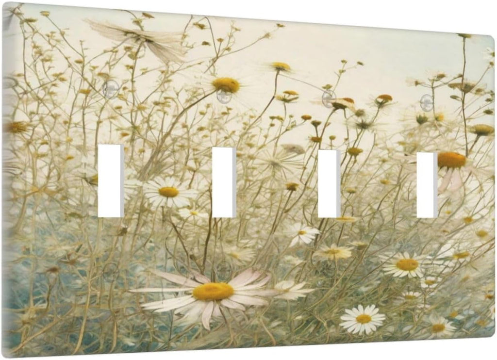 White Wildflowers Daisy Vintage Floral Light Switch Covers Quad Toggle Electrical Faceplate 4 Gang Wall Plate Decorative Switch Plates for Bed Room Living Room Decor