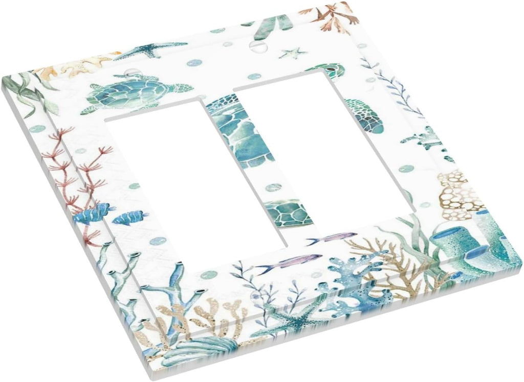 Sea Turtle Ocean Starfish Fish Coral Pearl Decorative Outlet Covers 2 Gang Double GFCI Rocker Electrical Wall Panels Light Switch Cover Plate for Bathroom Kids Room Decor