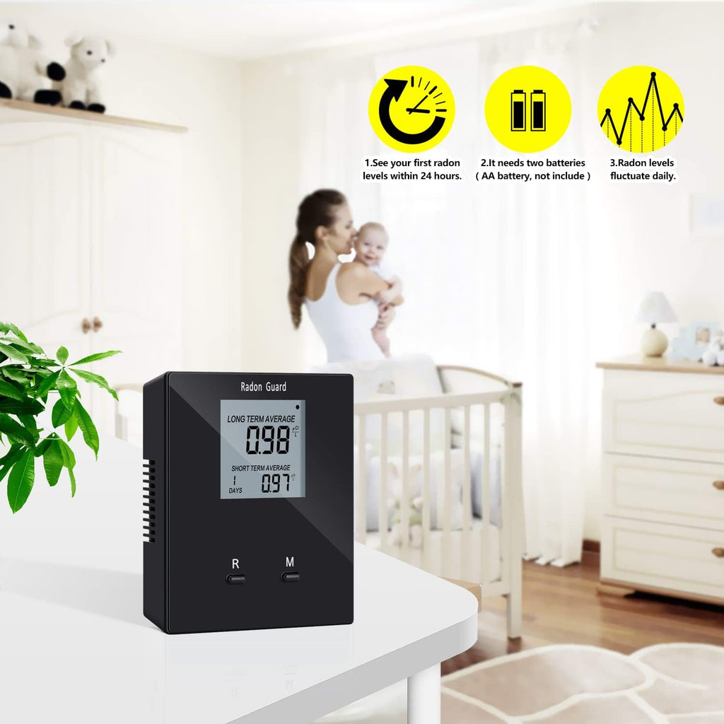 Home Radon Detector, Portable Radon Tester, Long and Short Term Monitor, Monitor Your Home Radon Level, Prevent Radon Exceed, Powered by Rechargeable Battery, Black