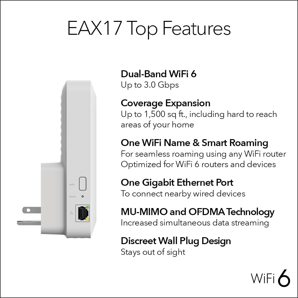 NETGEAR WiFi 6 Range Extender (EAX17) - AX3000 Dual-Band Wireless Signal Booster & Repeater (up to 3.0 Gbps Speed) - Add up to 1,500 sq. ft., 20 Devices - WPA3 Security, One WiFi Name