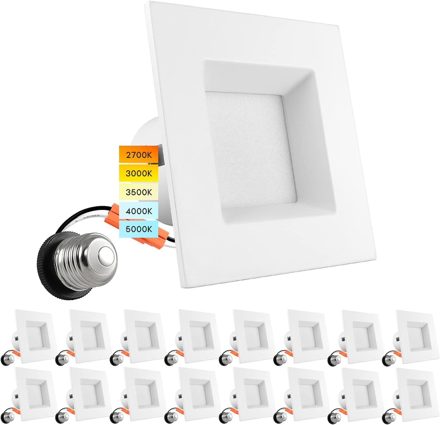 LUXRITE 16 Pack 4 Inch Square Recessed LED Can Lights, CCT Color Temperature Selectable 2700K | 3000K | 3500K | 4000K | 5000K, Dimmable Recessed Lights, 750 Lumens, CRI 90, Energy Star, Wet Rated
