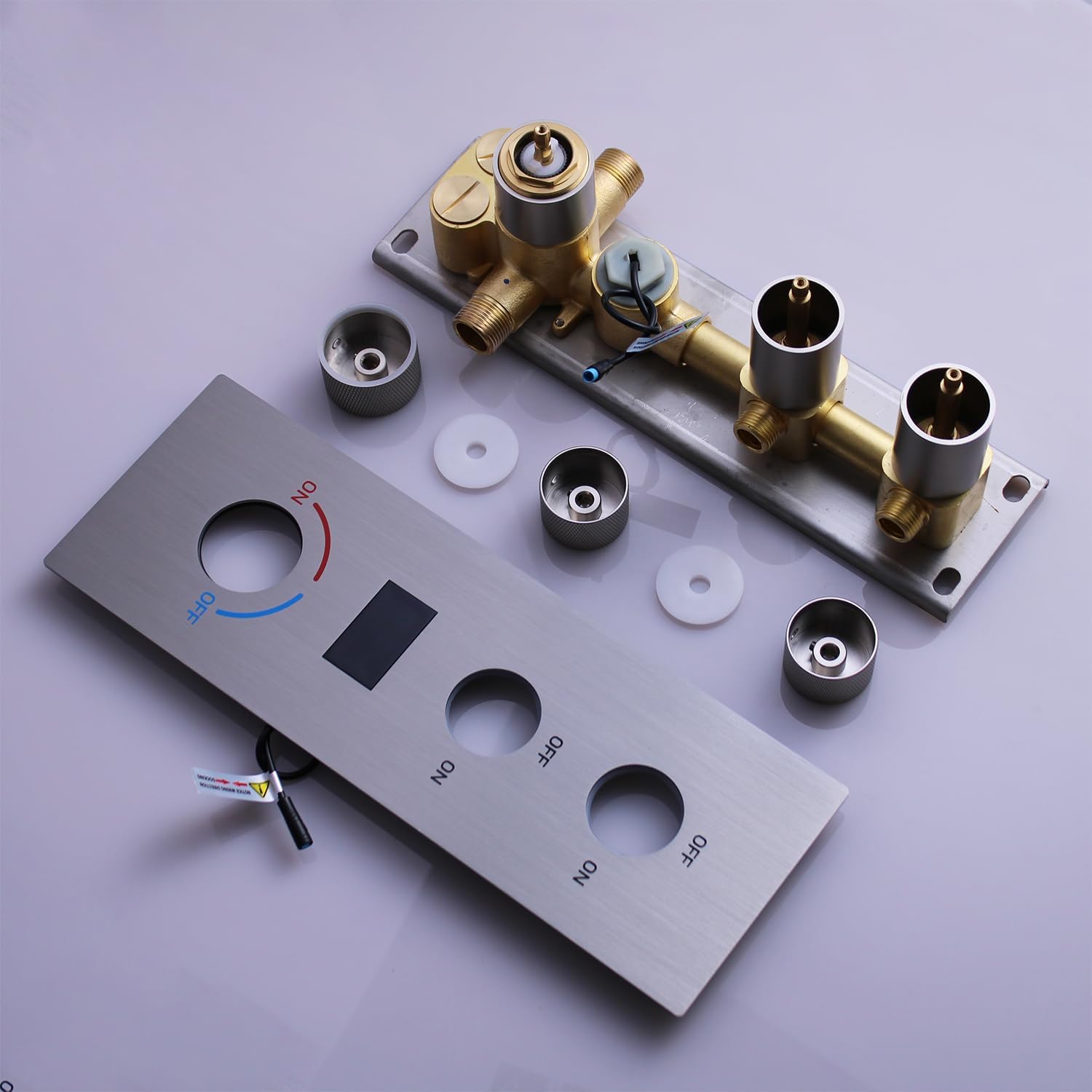 2 Way Shower Diverter Valve Brass 2 Functions Digital Temperature Display Thermostatic Shower Mixing Valve Kit 3 Handle Flow Cotrol Valve, Can Run Simultaneously Brushed Nickel
