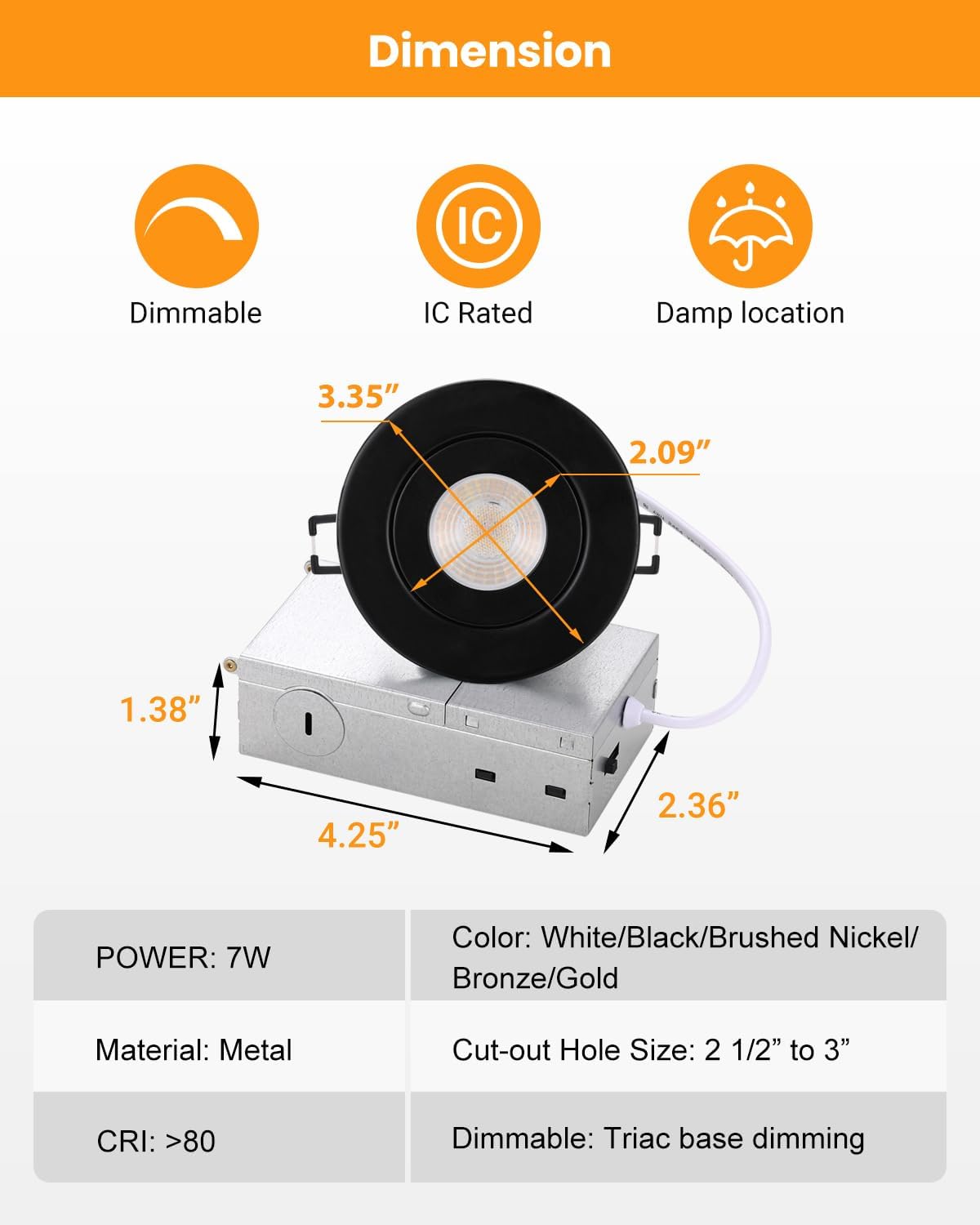 3 inch Black Recessed Lights, 7W Canless Gimbal Soffit Lighting, Canless Lights, 5CCT Dimmable 90°Tilt Wafer 3 inch Light, Retrofit Rotatable Eyeball Swivel Spot Downlight 6 Pack Black