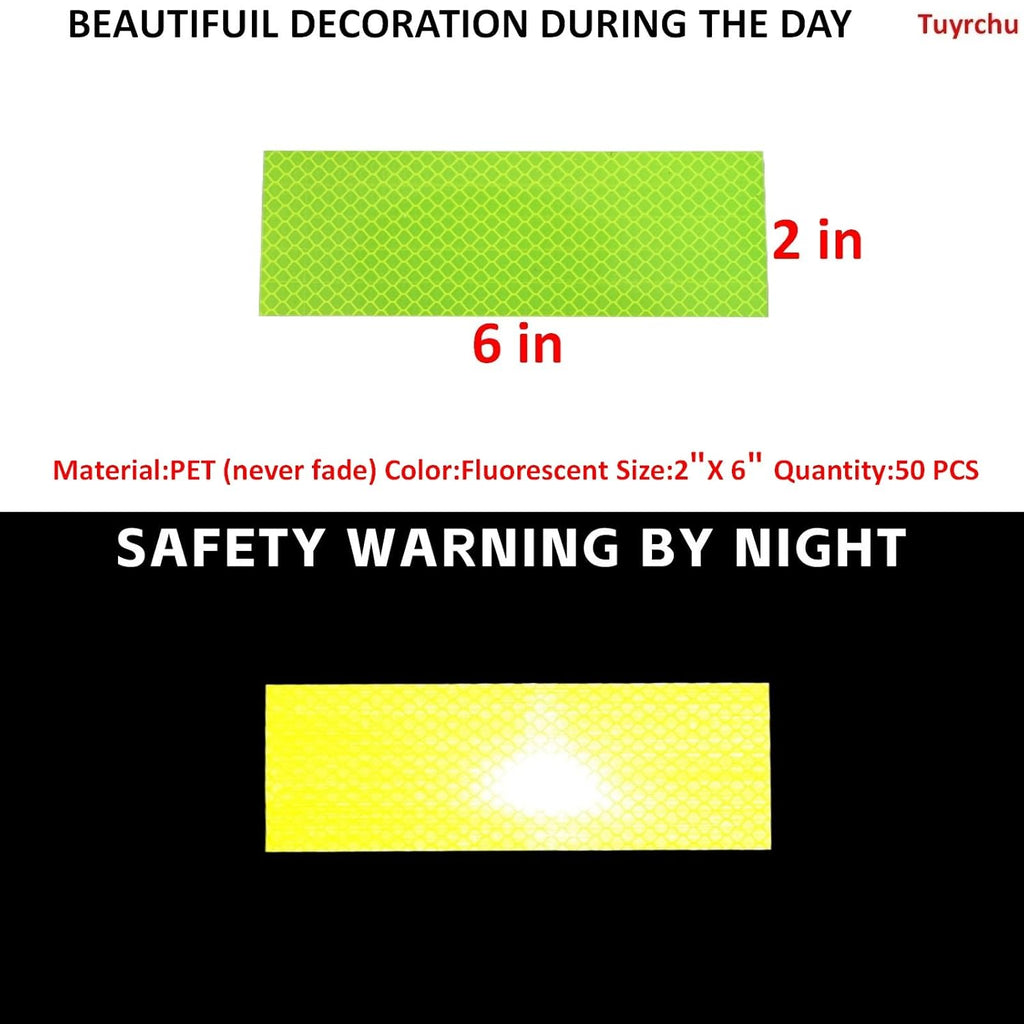 Non Fading Fluorescent Yellow Reflective Stickers 2 inch X 6 inch, Outdoor Waterproof High Visibility Safety Adhesive Reflector (50 Pcs)