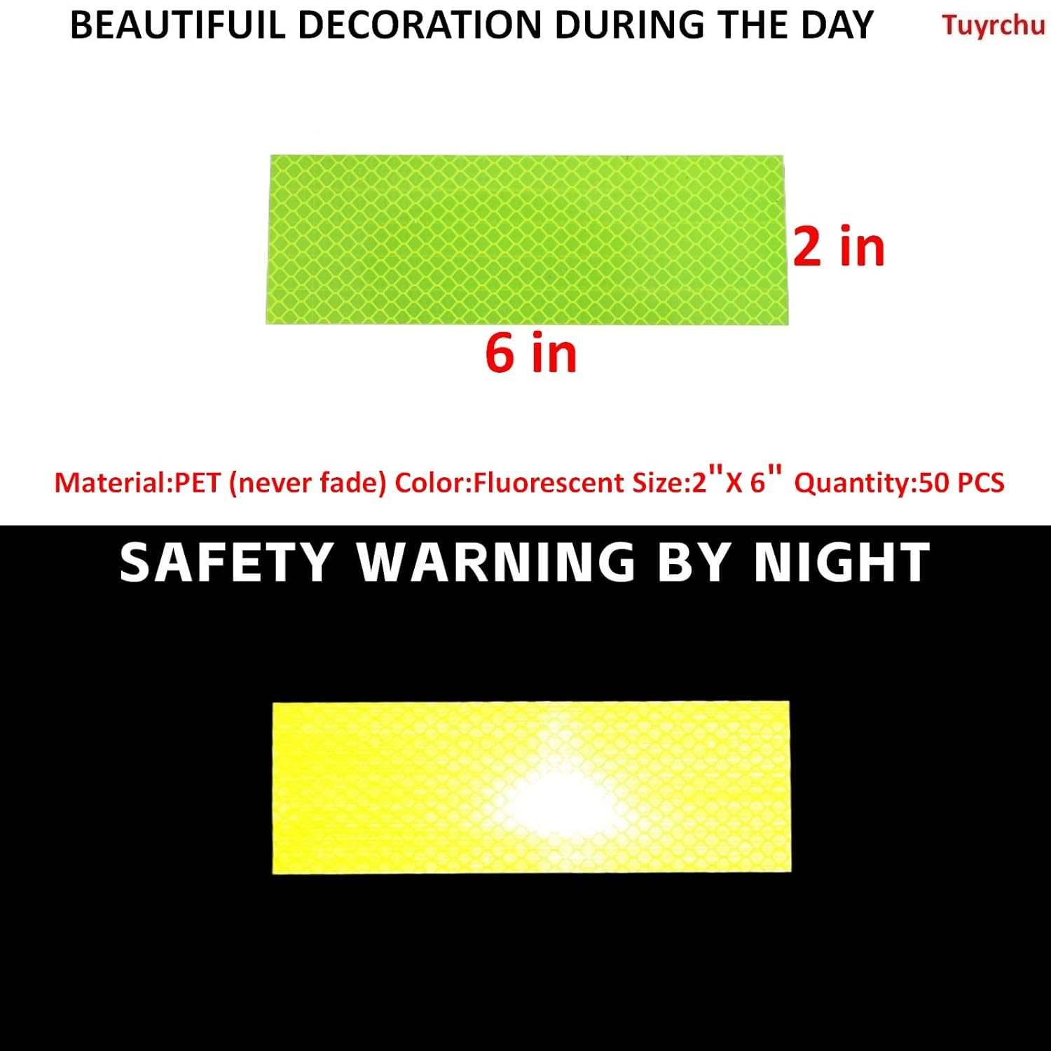 Non Fading Fluorescent Yellow Reflective Stickers 2 inch X 6 inch, Outdoor Waterproof High Visibility Safety Adhesive Reflector (50 Pcs)