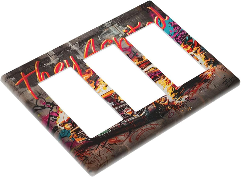 Light Switch Covers Hip Hop Street Graffiti Flame Car 3 Gang Rocker Electrical GFCI Decorative Triple Outlet Wall Plate Cover Switchplate for Bedroom living Room Decor