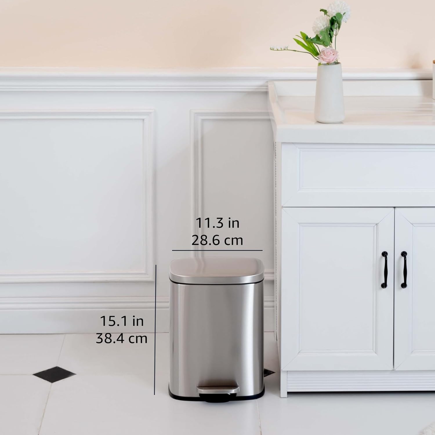 Amazon Basics Smudge Resistant Small Rectangular Trash Can With Soft-Close Foot Pedal, Brushed Stainless Steel, 12L/3.2 Gal, 11.3x9.9x15.1 in, Satin Nickel Finish
