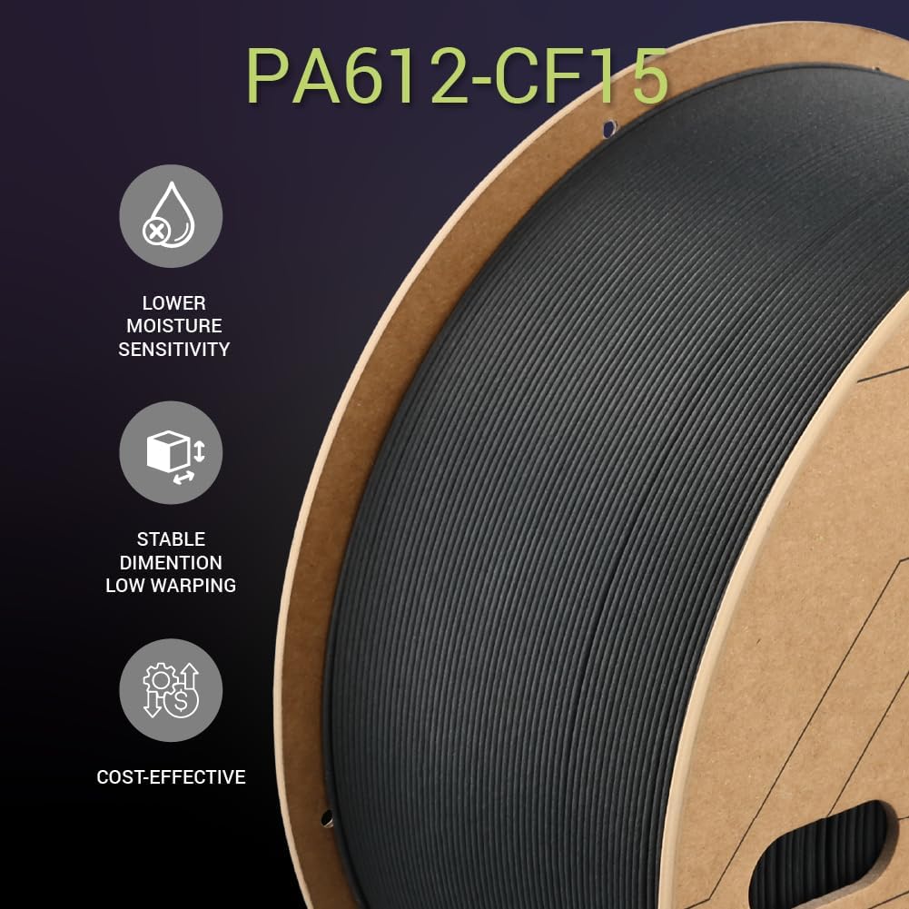 Polymaker Fiberon PA612-CF Carbon Fiber Nylon Filament 1.75mm Black 3kg, Fiberon PA612-CF Strong & Low Moisture Sensitive Nylon 1.75mm 3D Printing Filament