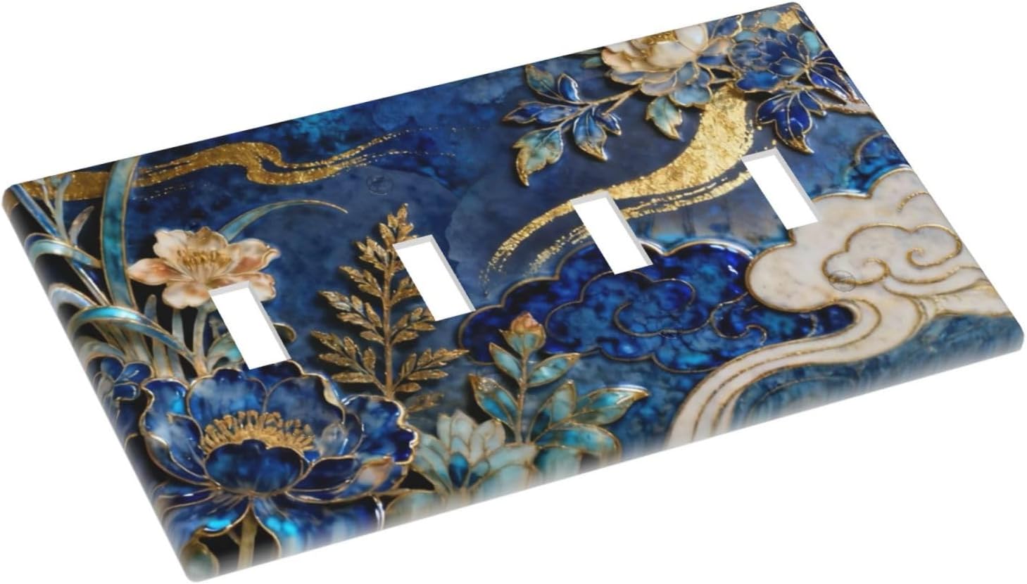Decorative Light Switch Cover Plate Blue White Flower Gold Line Cloud 4 Gang Wall Plates for Electrical Outlets Quad Toggle Switch Plate Covers Outlet Covers Faceplate for Home Decor
