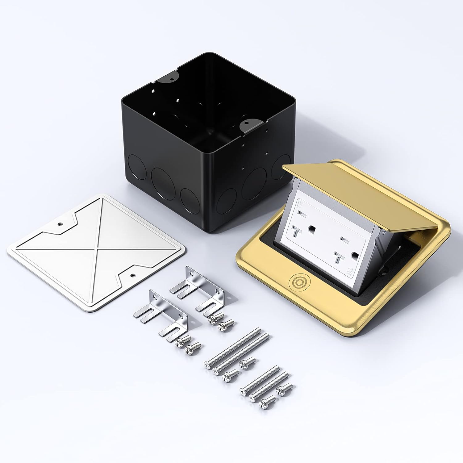 KYHSHJ Pop Up Floor Electrical Outlet Box Kit，20 Amp Stainless Steel TR Tamper-Resistant Duplex Receptacle Outlet，Corrosive Resistant Hardware，ETL Listed, Brass