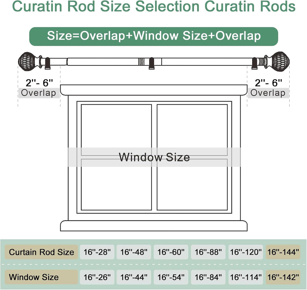 Curtain Rods for Windows 16 to 144 Inches Adjustable Length 1 Inch Diameter Window Curtain Rod with Wood Grain Leaf Pattern Finials,for Heavy Duty Curtains Rods