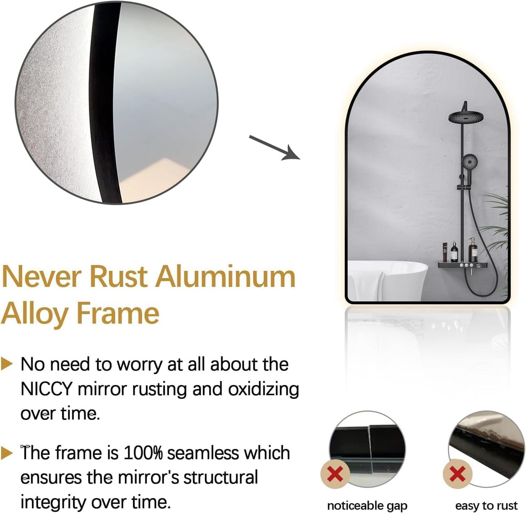 Niccy Arched LED Lighted Bathroom Mirror, 40x30 Inch Backlit Vanity Bathroom Mirror with Lights Brushed Black Framed Wall Mounted Mirrors with 3 Color Shatterproof Arch Smart Fog Free Mirror