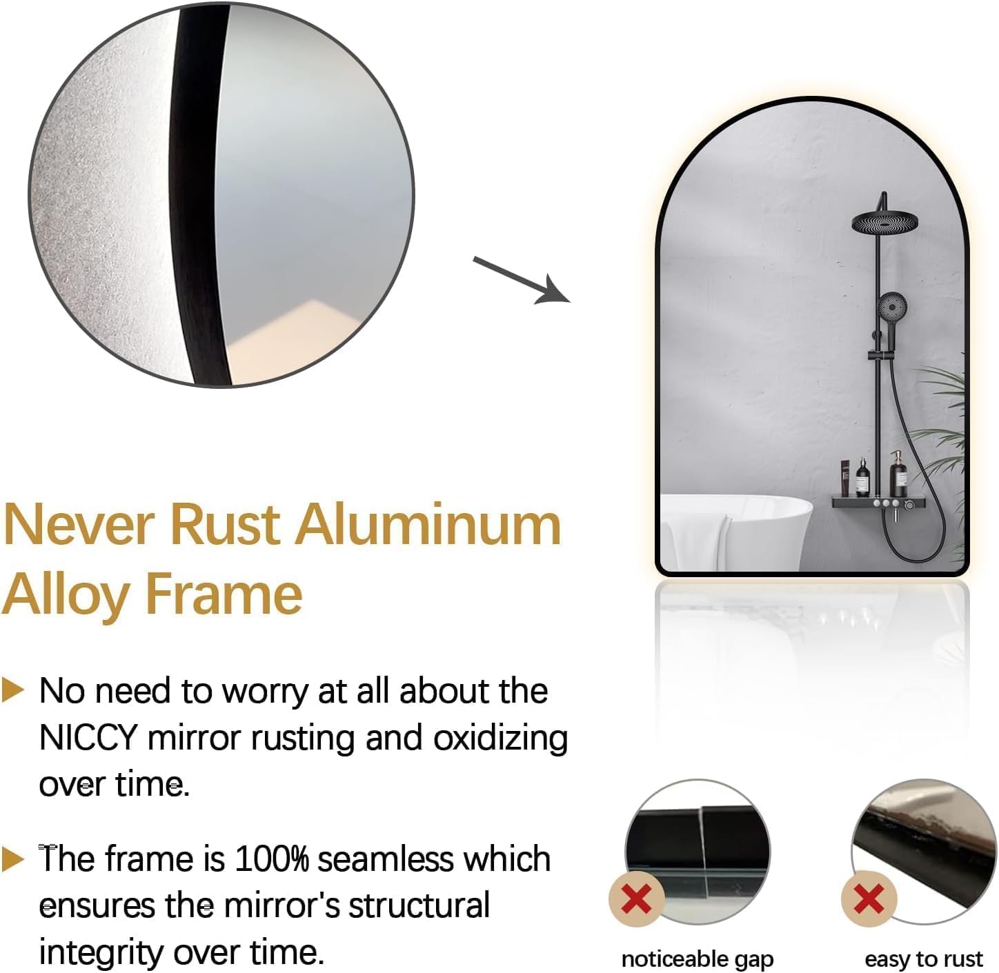 Niccy Arched LED Lighted Bathroom Mirror, 40x30 Inch Backlit Vanity Bathroom Mirror with Lights Brushed Black Framed Wall Mounted Mirrors with 3 Color Shatterproof Arch Smart Fog Free Mirror