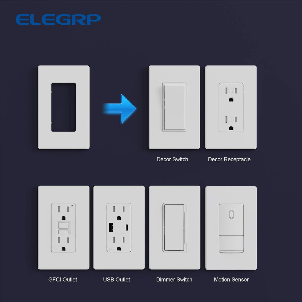 ELEGRP Matte White 1-Gang Screwless Decorative Wall Plates, Standard Size Unbreakable Thermoplastic Faceplate Cover for Decorator Receptacle Outlet Switch, UL Listed (5 Pack)
