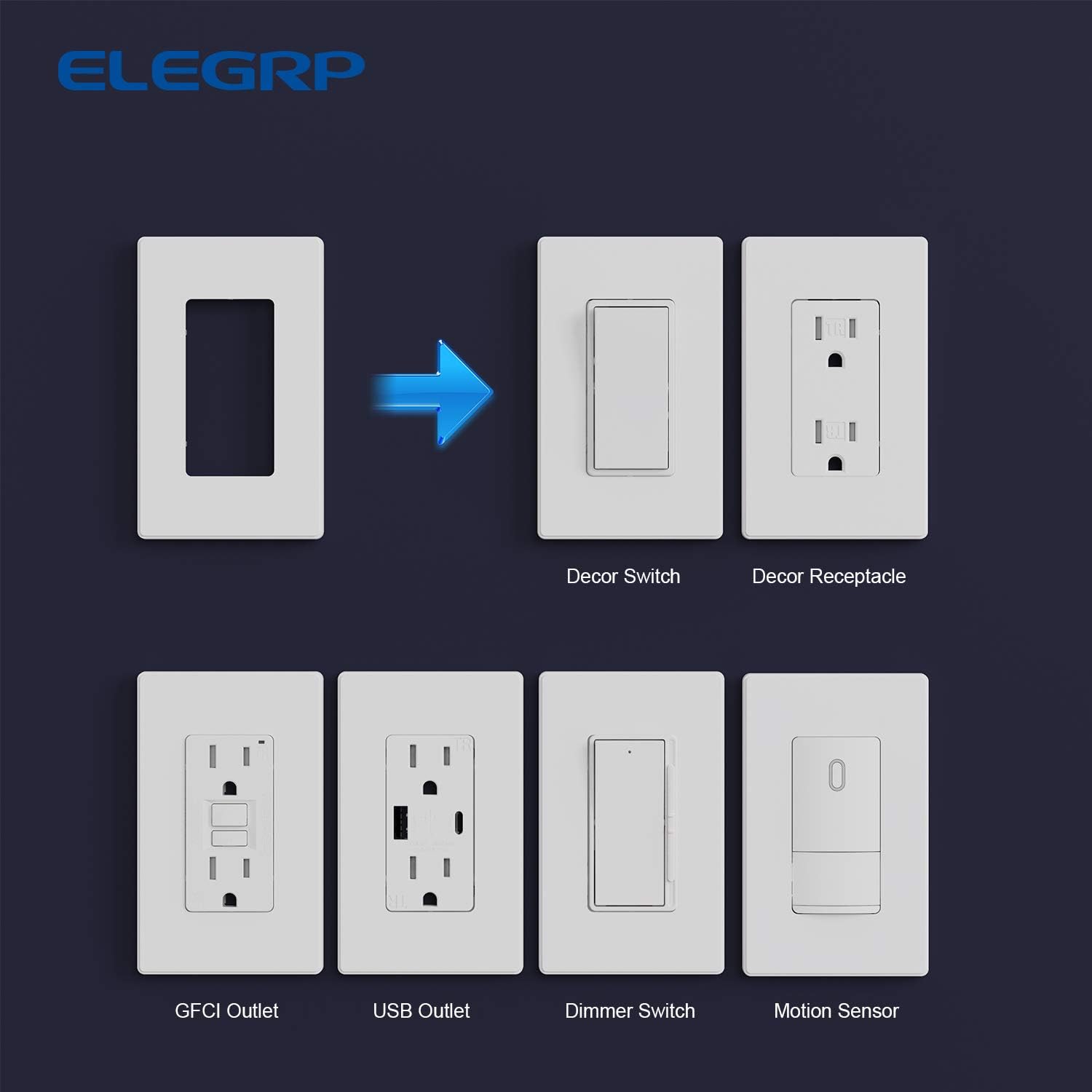 ELEGRP Matte White 1-Gang Screwless Decorative Wall Plates, Standard Size Unbreakable Thermoplastic Faceplate Cover for Decorator Receptacle Outlet Switch, UL Listed (5 Pack)