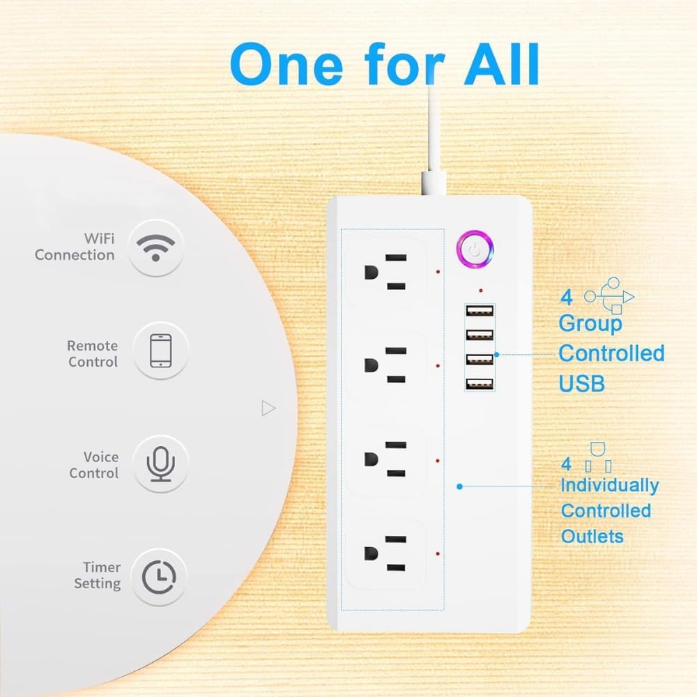 XENON Smart Plug Power Strip，Surge Protector with 4 Individually Controlled Smart Outlets, Voice Control,4 USBs (incl. 20W USB-C), Compatible with Alexa and Google Home,5Ft Extension Cord