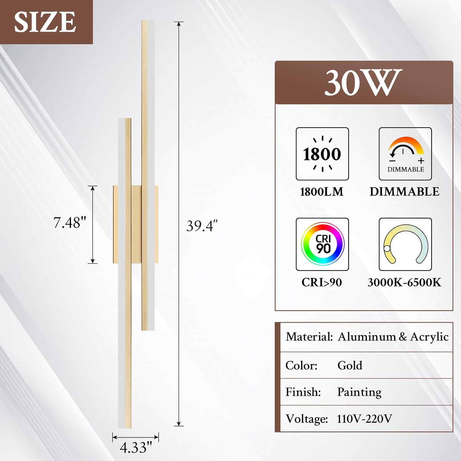 LED Wall Sconce Gold Modern Remote Wall Light Fixtures for Living Room, Dimmable LED Vanity Light Indoor Remote Wall Sconce for Bedside Bedroom Bathroom Dining Room, 39.4inch 1 Pack