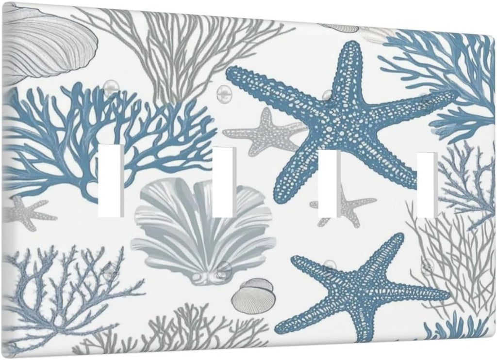 Blue Starfish Nautical Beach Conch Coastal Coral Shell Light Switch Covers Quad Toggle Electrical Faceplate 4 Gang Wall Plate Decorative Switch Plates For Kids Room Bathroom Decor