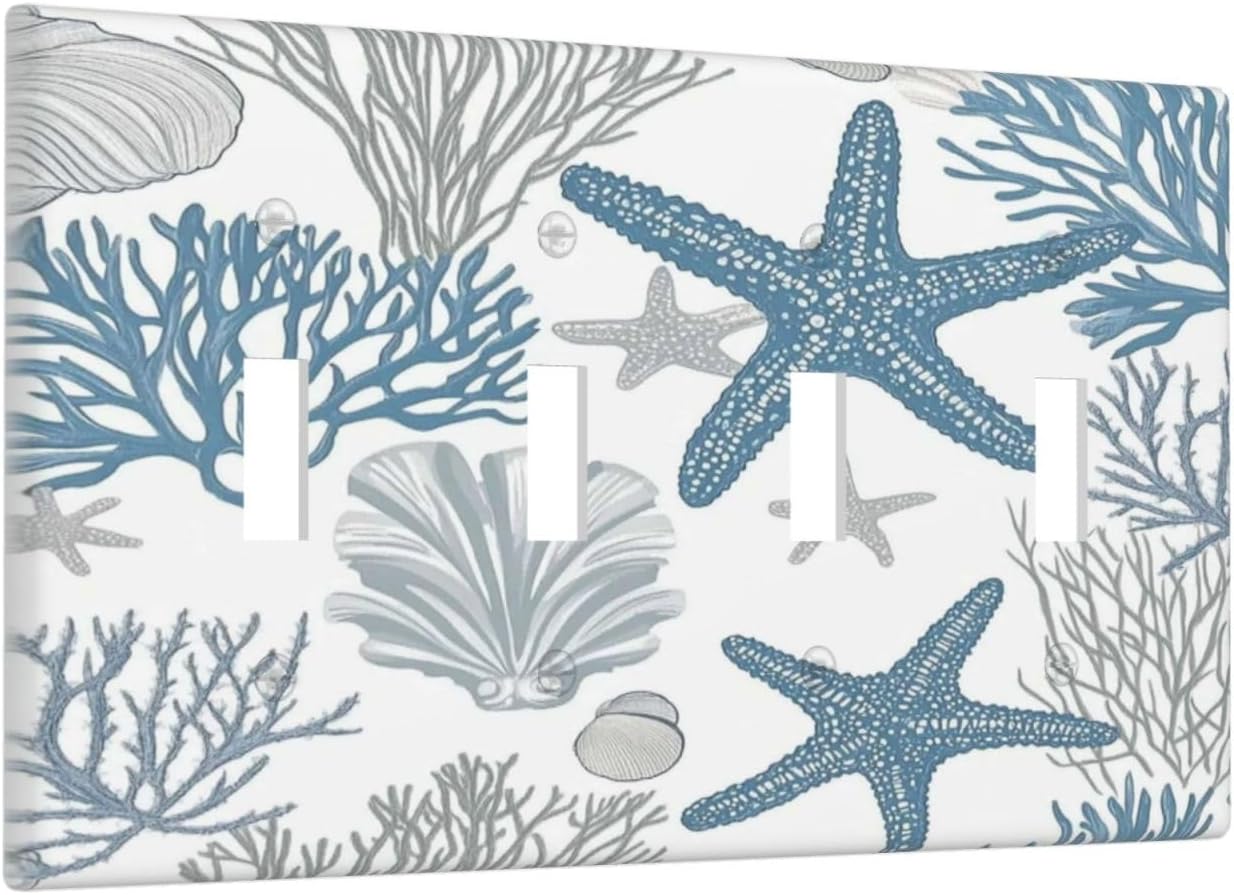 Blue Starfish Nautical Beach Conch Coastal Coral Shell Light Switch Covers Quad Toggle Electrical Faceplate 4 Gang Wall Plate Decorative Switch Plates For Kids Room Bathroom Decor