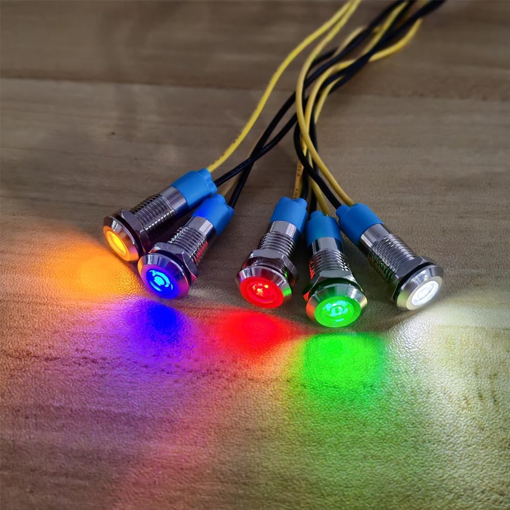 5Pcs 8mm 110V-220VAC LED Metal Indicator Light Waterproof Signal Lamp (Green/Orange/Red/Blue/White 5Pcs)
