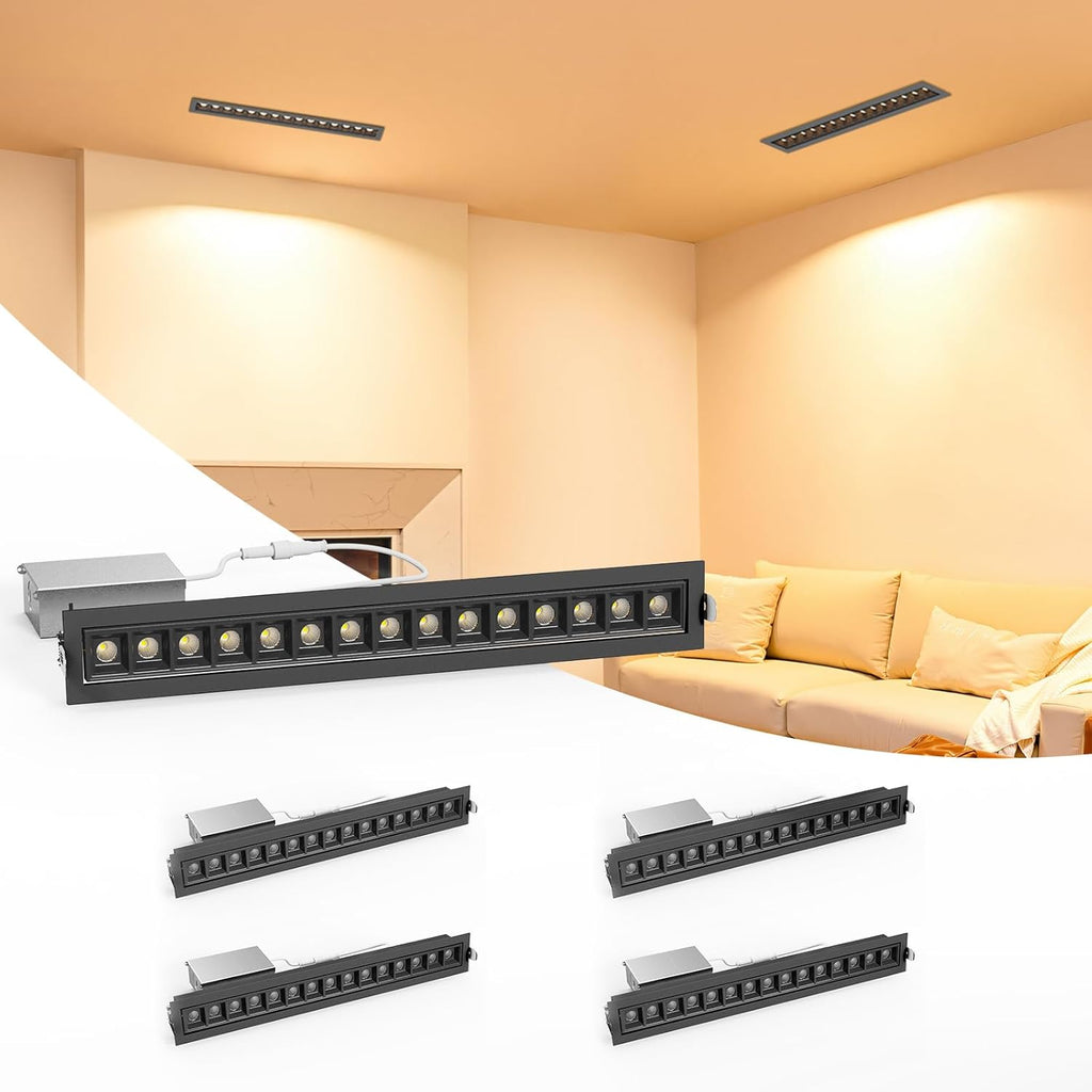 LED Linear Recessed Spotlight 4 Pack, Black Aluminum Recessed Grille Spotlight with Junction Box, Dimable 5 CCT 3000K-6500K, TRIAC Dimming Lighting for Living Room Kitchen Bedroom Hallway