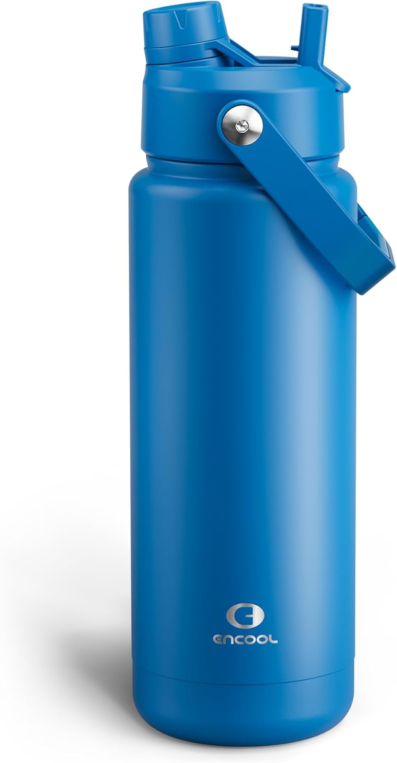 ENCOOL Insulated Water Bottle with Straw Stainless Steel Water Bottle, Leak-Proof, BPA-Free, Double Wall Vacuum Keeps Cold for 24 Hours for Sports, Travel, School (32 oz, Celtic Blue)