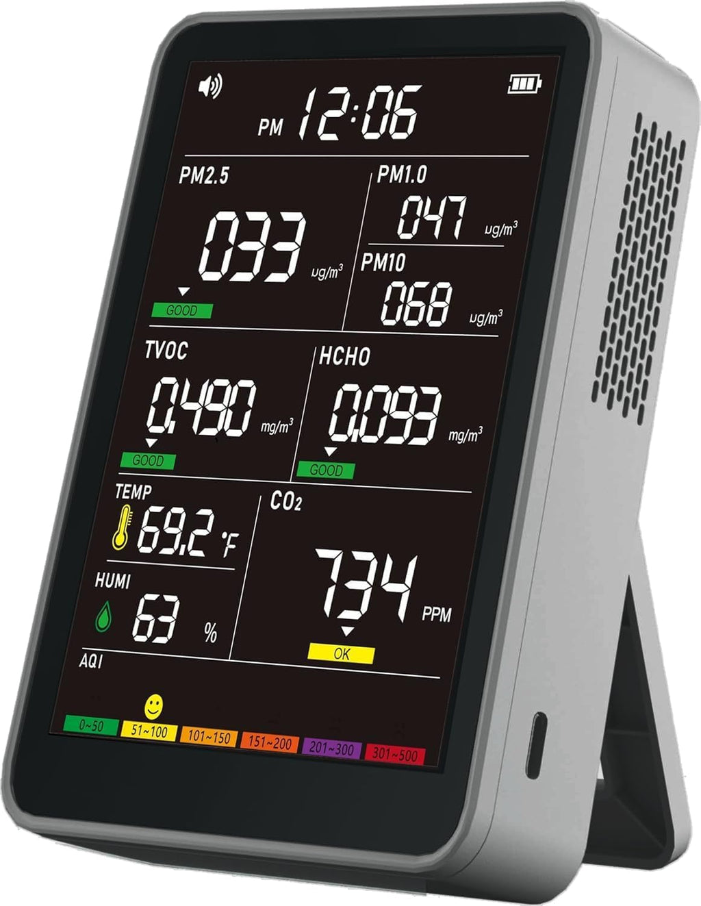 Professional Indoor Air Quality Monitor with AQI Beep Alarms, Portable Real-Time Detector for Home Cars Plants and Pets (Gray)