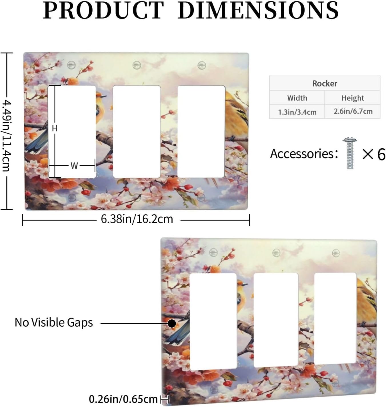 Birds Sitting on Flowers Tree Branch 3 Gang Rocker Triple Outlet Wall Plate Decorative Switch plate Cover Faceplate GFCI Light Switch Covers for Farmhouse Living Decor