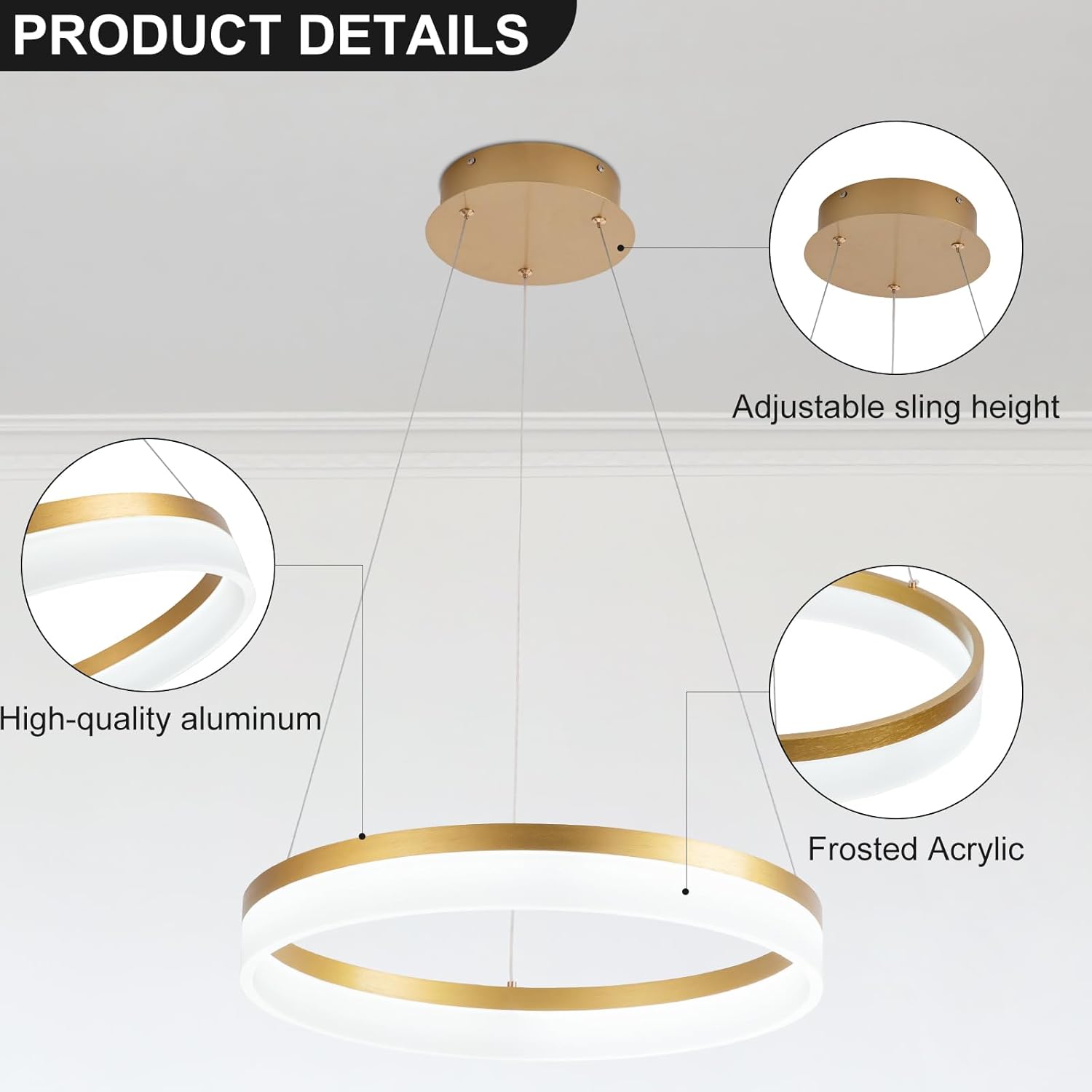 Buccleuch Modern LED Chandelier - Dimmable 19.7" Gold Round Pendant Light, Height Adjustable UL-Certified Ceiling Light for Dining Room, Kitchen Island, Living Room, Bedroom, Foyer