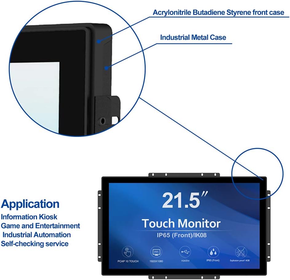 GreenTouch 21.5 inch 10 Points Touch Front IK08/IP65 Open Frame Touch Monitor Desktop or Wall Mountable Multi Point Touch 1920x1080