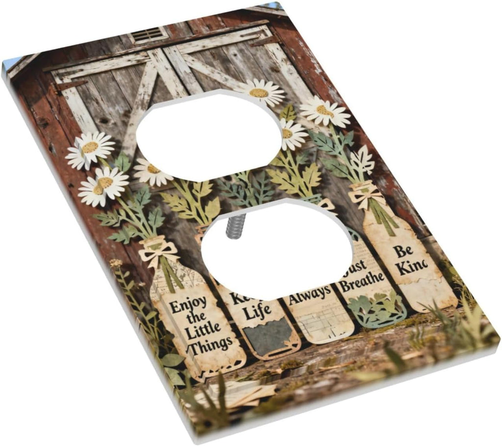 Rustic Daisy Barn Door Flowers Duplex Outlet Decorative Light Switch Covers Electrical Faceplate Switch Plates for Bathroom Kitchen Home