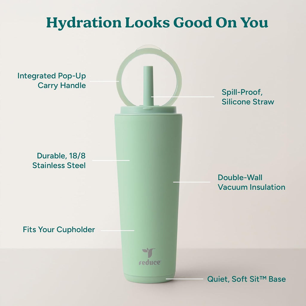 REDUCE Halo 24 oz Stainless Steel Vacuum Insulated Tumbler - Spill Proof Travel Mug with Flip Handle Lid - Keeps Drinks Cold for 32 Hrs - Dishwasher Safe - Cupholder Friendly - Matcha
