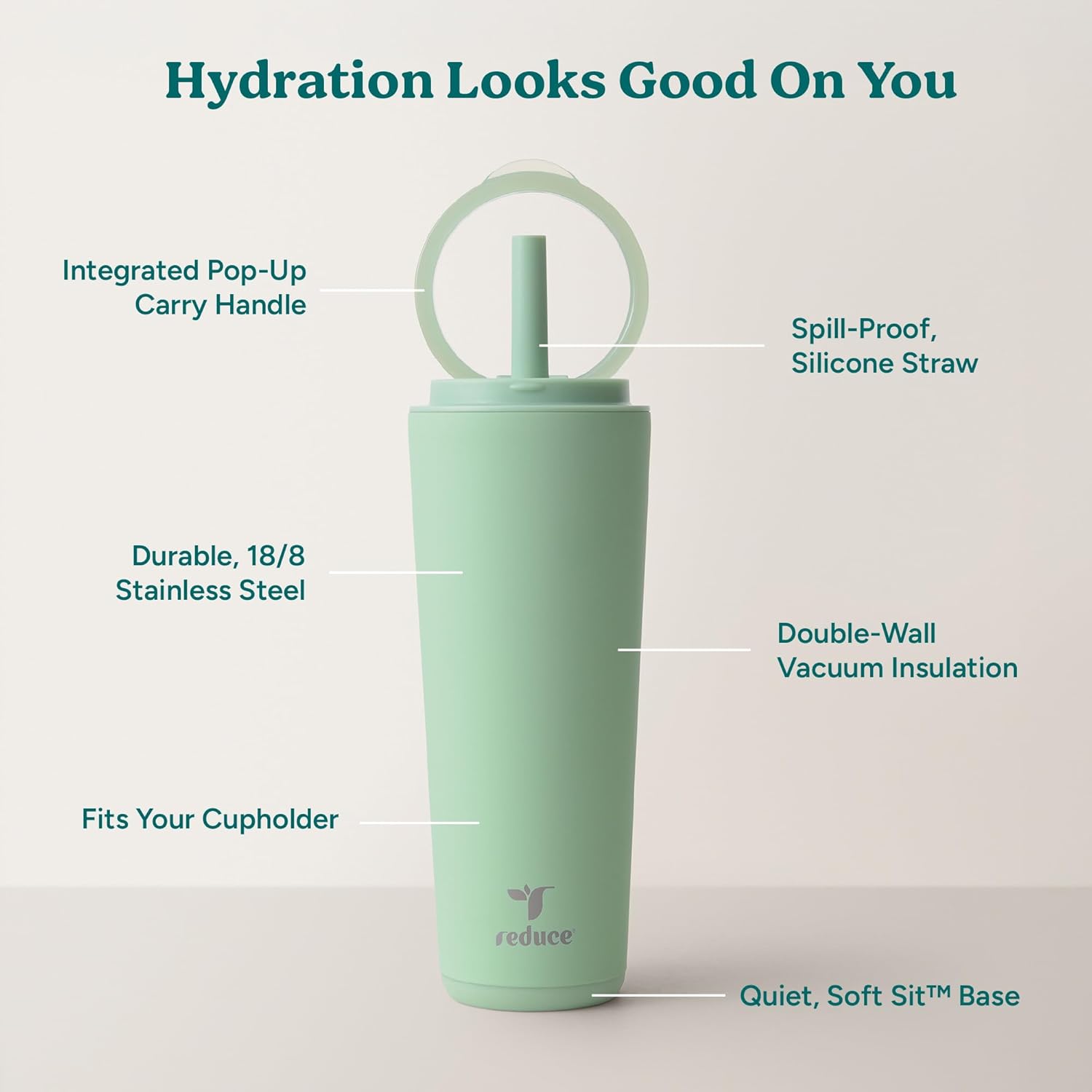 REDUCE Halo 24 oz Stainless Steel Vacuum Insulated Tumbler - Spill Proof Travel Mug with Flip Handle Lid - Keeps Drinks Cold for 32 Hrs - Dishwasher Safe - Cupholder Friendly - Matcha