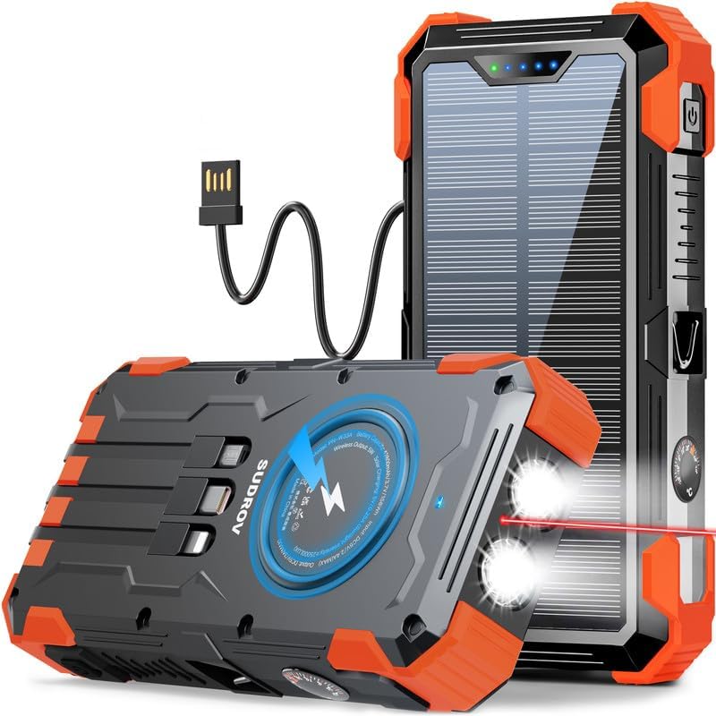Solar Charger Power Bank, 42800mAh Wireless Portable Charger with USB-C in/Output, QC3.0 Fast Charging 15W 4 Ports Outdoor Battery Pack Built-in LED Flashlight, for iPhone, Galaxy, iPad etc