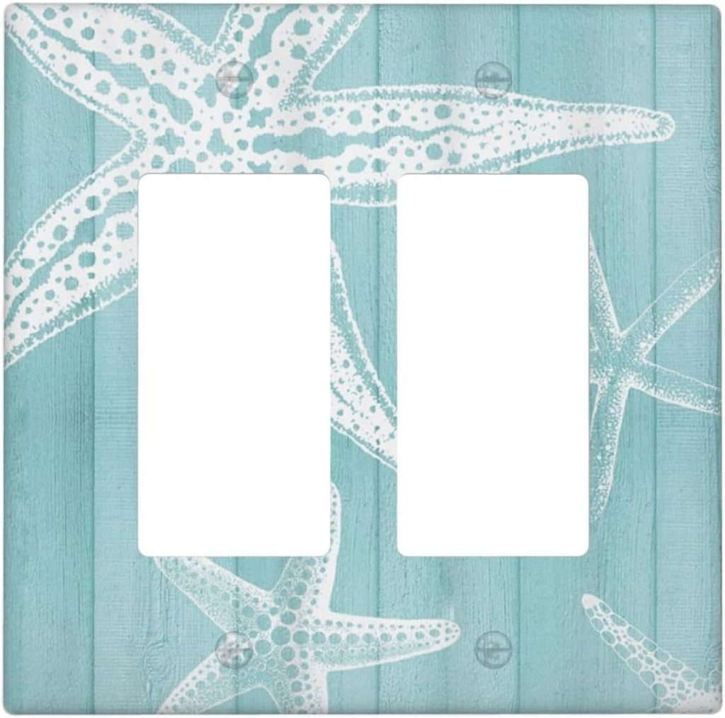 Decorative Outlet Covers Starfish Teal Wood Board Nautical 2 Gang Light Switch Cover Plate Double Rocker Wall Plates for Electrical Outlets Switch Plate Covers for Bedroom Home Decor