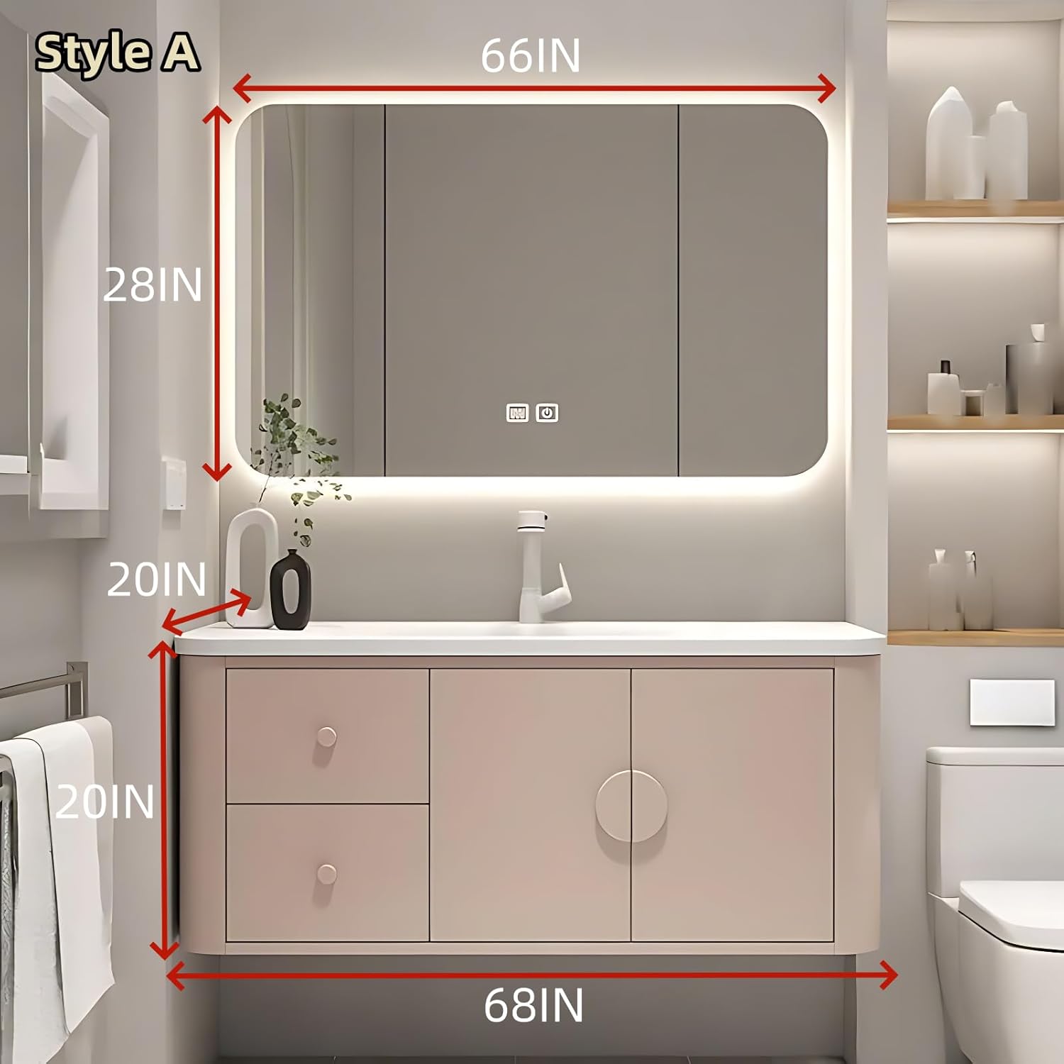 68IN Pink Modern Bathroom Vanity - Bathroom Vanities Set with 2 Drawers Wall Mounted | Rounded Corner Smart Defogging Mirror Cabinet with Lighting & Time Display, Side Opening Storage Shelf (Style A)